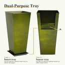 WORTH Garden 25" Large Metal Glazed Planter Set of 2, Luxurious Glossy Finish Green Tall Square Tapered Steel Plant Pots, Decor Flower Pot Indoor & Outdoor, Drainage Hole & Dual-Purpose Plant Saucer by CozyNest Decor