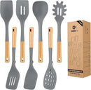 Silicone Kitchen Utensil Set for Non Stick Cookware, 7 Pcs Heat Resistant Cooking Utensils with Wooden Handle, BPA Free Kitchen Tools with Spatulas, Spoons, Skimmer and Pasta Fork (GRAY) by CozyNest Decor