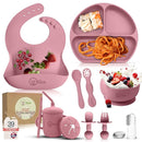 o'doe 11-Piece BPA-Free Silicone Baby Feeding Set | Thick & Soft Suction Plates, Baby Bowls, Wooden Fork & Spoon, and More | Make Mealtime Fun and Easy for Your Little One (Rose, V1) by TinyTreasures Baby Boutique