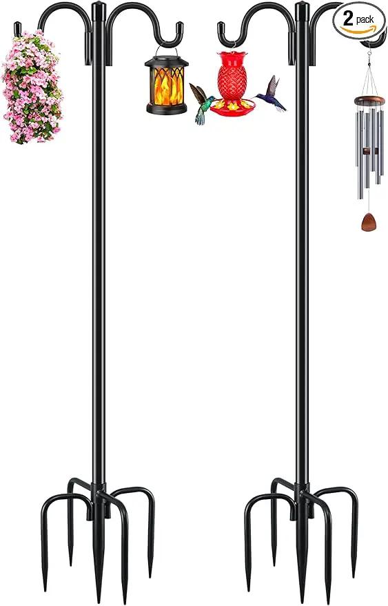 Gtongoko Double Shepherds Hook for Outdoor, 2 Pack 108 Inch Heavy Duty Bird Feeder Pole 3/4 Inch Thick Garden Hooks for Hanging Hummingbird Feeder, Plant Baskets, Solar Light Lanterns