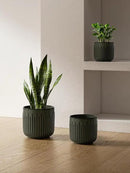 LE TAUCI Fluted Ceramic Planters Set of 3 – 8.3/7 / 5.7 in Dark Olive Reactive Cylinder Indoor Plant Pots with Drainage Plug & Mesh, Glossy Stoneware Flower Pots for Succulents Herbs by CozyNest Decor