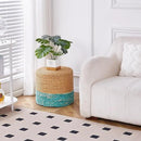 Wimarsbon 18'' Ottoman Pouf, Natural Braided Poof, Rustic Handweave Lounge Pouffe, Boho Footrest Stool for Bedroom, Accent Table for Living Room (Natural Water Hyacinth + Lake Blue Corn Husk) by CozyNest Decor