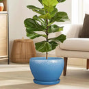 Ceramic Planter Pot 10 Inch - Ceramic Plant Pot for Indoor Outdoor Plants, Large Flower Pot with Drainage Hole and Saucer, Blue