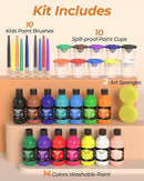 Nicpro 14 Colors Large Washable Paint for Kids 8.45oz/250ml, Non Toxic Children Tempera Finger Paints with Paint Brushes, Cups and Sponge for Art, Poster, School, Classroom, Craft DIY, Children by TinyTreasures Baby Boutique