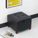 Adeco Faux Leather Storage Ottoman with Hinged Lid, 14 Inch High Black Square Cube Foot Stool with Storage, Upholstered Vanity Stool with Solid Wood Legs for Living Room, Bedroom, Dorm by CozyNest Decor