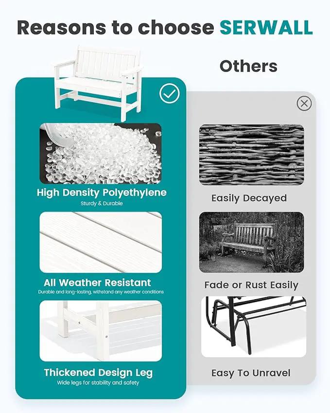 SERWALL Outdoor Bench, HDPE Outdoor Benches Weatherproof, 2-Person Garden Bench with 660 lbs Weight Capacity, Patio Benches for Outdoors, Garden, Porch, Backyard and Park, White, 2 Pack, photo 9 of 9