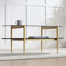Oval Glass Coffee Table, Mid-Century Modern Design, L41 x W21 x H17 inch, for Living Room, Grey Glass Top, Black Marble Finish Wood Shelf & Gold Finish Frame by CozyNest Decor