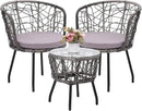 Kromax 3 Piece Bistro Set, Modern Outdoor Wicker Patio Furniture with Tempered Glass Table Top and 2 Chairs, Washable Cushions, Grey Rattan and Grey Cushion by CozyNest Decor