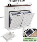 Double Tilt Out Laundry Hamper Cabinet, 20 Gallon Farmhouse Trash Can Cabinet with Drawer, Hidden Wood Garbage Can Bin Cabinets with Laundry Storage Basket for Bathroom, Kitchen (Antique White) by CozyNest Decor