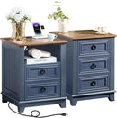 18" Farmhouse Night Stands Set of 2 with Charging Station, 2 & 3 Drawers End Table Dresser for Bedroom, Blue Wooden Nightstand, Bed Side Table with Open Shelf, Bedside Cabinet for Living Room by CozyNest Decor