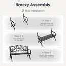 PHI VILLA 50-Inch Cast Iron Steel Frame Garden Bench Outdoor Patio Bench Chair w/Floral Design Backrest, Slatted Seat for Park, Yard & Porch, Black by GreenHaven Gardens