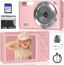 Digital Camera, FHD 4K 44MP Digital Camera, 16X Digital Zoom, Digital Point and Shoot Camera with 3-LED Fill Lights, 64GB SD Card, Compact Camera for Kids Teen Boys Girls, Pink by TinyTreasures Baby Boutique