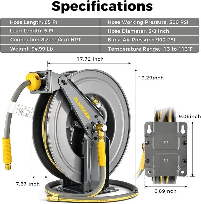 Double Arm Retractable Air Hose Reel, 3/8 in × 65 ft Hybrid Hose Heavy Duty Steel Professional Air Compressor Hose Reel with 5 ft Lead in Max 300PSI Auto Rewind Quick Coupler Swivel Fitting, photo 2 of 8