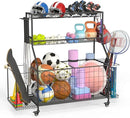Sports Equipment Organizer, Garage Ball Storage Racks - Outdoor Toy Storage with 2 Side Racks & Removable Baskets, Heavy-Duty Garage Rolling Ball Cart with Wheels, Hooks for Toys, Sports Gear by CozyNest Decor