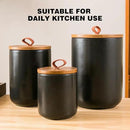 Black Ceramic Canister Set, 3pcs Ceramic Kitchen Canisters for Countertop with Airtight Wood Lids, Large Flour and Sugar Containers for Coffee, Tea, Spice by CozyNest Decor