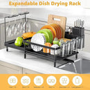 Dish Drying Rack for Kitchen Counter, Expandable Large Capacity Dish Rack with Drainboard, Wine Glasses Holder, Space Saving Organizer, Black by CozyNest Decor