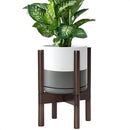 D'vine Dev Ceramic Planter with Walnut Color Stand - 8 Inch Modern Round Flower Pot with Wood Planter Holder, White/Grey, 55-B-Y-6 by CozyNest Decor