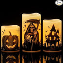 Wondise Halloween Flameless Flickering Candles with 6 Hour Timer, Battery Operated Real Wax Halloween Candles Set of 3 Halloween Decoration Grim Reaper, Haunted House, Pumpkin (3 x 4 5 6 Inch) by CozyNest Decor