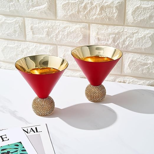 The Wine Savant Diamond Studded Martini Glasses Set of 2 Matte Red & Gold Modern Cocktail Glass, Rhinestone Diamonds With Stemless Crystal Ball Base, Bar or Party 10.5oz, Swarovski Style Crystals