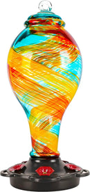 LUJII Hand Blown Glass Hummingbird Feeder for Outdoors Hanging with Ant Moat, 36 fl.oz, Leak Proof & Rustproof, Metal Base with 5 Feeding Ports & 5 Perches, Unique Garden & Backyard Decor (Ribbon) by GreenHaven Gardens