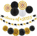 Black Gold Party-Decoration Graduation Banner - 14pcs Kits Cap Garland Streamers, Paper Tissue Pom Poms Flowers Fans Honeycomb,Class Of 2025 College High School Grad Decor Hugfond by CozyNest Decor