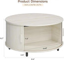 Round Coffee Table with Storage, 31.5" Modern Coffee Table with 360° Curved Sliding Door, Fluted Wood Coffee Table with Adjustable Footpads, Round Center Table for Living Room, Natural White by CozyNest Decor