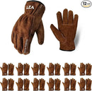 12 Pairs Bulk Leather Work Gloves for Men or Women for Gardening, Construction, Truck, Driving, Farm, Ranch, Woodworker, Soft, Cowhide Thickened, Water Resistant, Brown, XLarge by GreenHaven Gardens