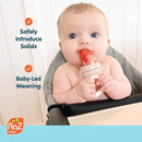 RaZbaby Baby Solids/Frozen Fruit Feeder Pacifier, Infant Teether Toy 6M+, BPA-Free Silicone Pouch & Nipple, Safely Introduce Solids, Natural Teething Relief, Dishwasher Safe, Freezable – Orange/Blue by TinyTreasures Baby Boutique