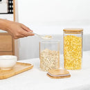 41oz Airtight Glass Square Storage Canister with Bamboo Lid Set of 4 (1200ml) Container Stackable Jar, Kitchen Canister for Pantry Noodles, Flour and Coffee beans (‎with Black Lable) by CozyNest Decor