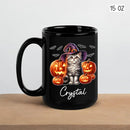 Personalized Halloween American Curl Ceramic Mug 11oz 15oz, Custom Name American Curl Wearing Witch Hat Coffee Cup, Cat with Pumpkins Halloween Black Cup, Spooky Cat Mug Gift for Pet Lover by TinyTreasures Baby Boutique