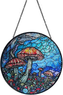 Stained Glass Window Hanging - 7.8‘’ "Enchanted Forest Mushroom Suncatcher for Home and Office Décor Sun Catcher Circular Artwork by GreenHaven Gardens