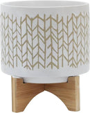 8" Ceramic Planter Stand, Ivory/Beige Chevron with Wooden Base, Indoor/Outdoor Planter with Stand for Your Succulents and Small Plants by GreenHaven Gardens