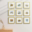 Vittanly 8x8 Picture Frames Set of 9, Shatter Resistant Plexiglass, Display 4x4 Pictures with Mat or 8x8 without Mat, Photo Frames for Wall Mount, Engineered Wood, Gold by CozyNest Decor
