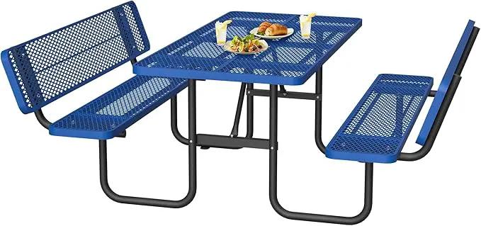 79'' Steel Rectangular Picnic Table for Outdoors, with backrest, Expanded, Lifetime Picnic Table with Umbrella Hole, Heavy Duty Sturdy Commercial Picnic Tables for Garden Courtyard BBQ, Blue, photo 9 of 9