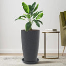 Tall Flower Pot Indoor - Outdoor Plant Pot - Black Glossy Planter - Elegant Stone Imitation - 12" Diameter 21" Tall with Drainage Holes and Saucer by CozyNest Decor