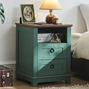 18" Farmhouse Night Stand with Charging Station, 2 Drawers Bedside End Table, Green Wooden Nightstand, Bed Side Table Cabinet with Open Shelf for Bedroom Living Room Office by CozyNest Decor