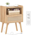 Lerliuo Rattan Nightstand with Charging Station, Boho Night Stand with Handmade Natural Rattan Drawer and Open Shelf, Cane Accent Side End Tables with Solid Wood Legs for Bedroom, Dorm, Small Spaces by CozyNest Decor