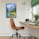 Landscape wall painting of mountain forest lakeside cabin under blue sky and white clouds natural oil painting poster suitable for living room bedroom office by CozyNest Decor