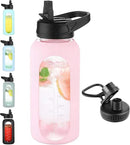 32 oz Glass Water Bottle with Straw and Handle, Sports Motivational Water Flask with Silicone Sleeve, Large Leakproof Water Flask Cup with Time Marker for Travel, Gym, Blush by CozyNest Decor
