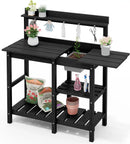 SERWALL Outdoor Potting Bench Potting Table with Sink, HDPE Potting Benches with Storage for Outside Gardening Table All Weather Use- Black by GreenHaven Gardens