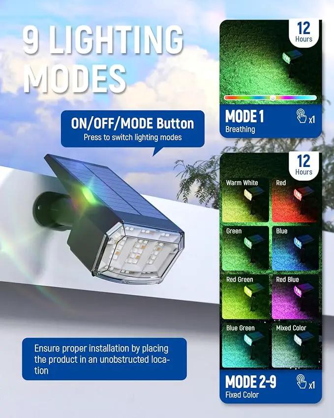Solar Spot Lights Outdoor, 9 Lighting Modes RGB, Solar Lights Outdoor Waterproof IP65, 63 LED Landscape Spotlights for Holiday Decorations-10 Pack, photo 6 of 13