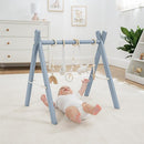 Comfy Cubs Wooden Baby Play Gym - Natural Finish Pinewood Baby Activity Gym with 5 Sensory Hanging Toys - Easy No-Tool Assembly, Safe and Durable for Infant Motor and Visual Development - Pacific Blue by TinyTreasures Baby Boutique