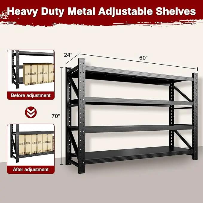7000LBS Metal Steel Storage Shelves - 78.7" W Black 4 Tier Heavy Duty Rack Commercial Industrial Shelving with Adjustable Shelf for Basement Garage Warehouse - 78.7" W x 24" D x 78.7" H, photo 2 of 6