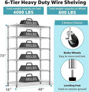Steel Storage Shelving 6-Tier Utility Shelving Unit with Wheels, Steel Organizer Wire Rack for Home,Kitchen,Office,Garage,17.7" D x 47.2" W x 76.7" H by CozyNest Decor