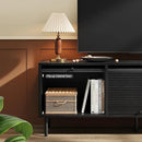 59 Inch TV Stand with Power Outlet for TVs up to 65 Inch, Entertainment Center with Storage, Mid-Century Modern TV Console, Adjustable Shelf & Sliding Doors, TV Stand for Living Room, Bedroom, Black by CozyNest Decor