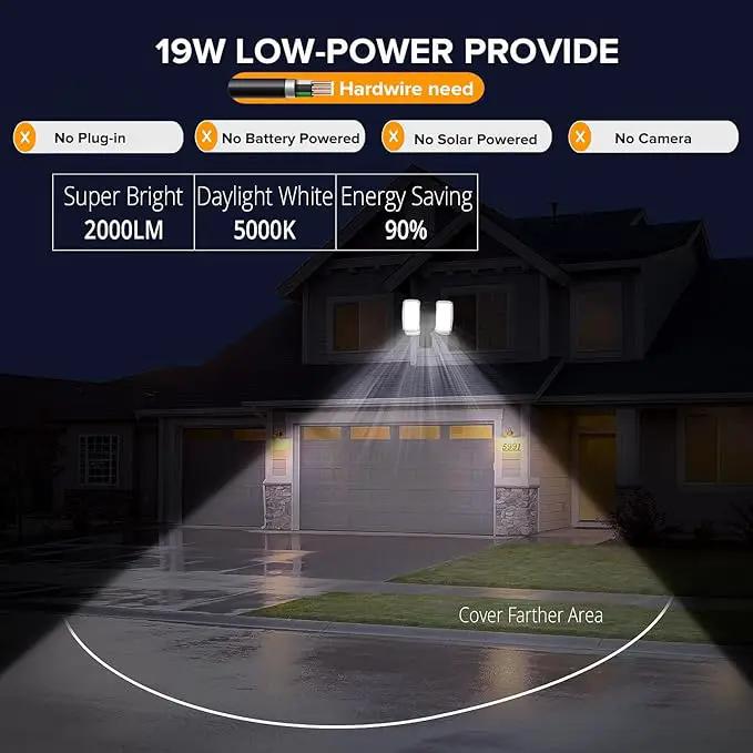 UME 2 Pack 19W LED Flood Light Motion Sensor Outdoor, 2 Adjustable Head, 2000LM, 5000K, IP65 Waterproof, Dusk to Dawn Security Light with Photocell for Exterior,Outside,Garage,House(Black), photo 2 of 7