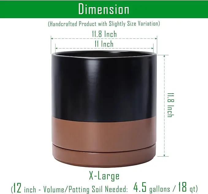 D'vine Dev 12 Inch Ceramic Planter Pot with Drainage Hole and Saucer, Indoor Cylinder Round Planter Pot, Black/Speckled Tan, 94-O-F-7, photo 2 of 7