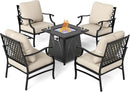 Patio Furniture Set with Fire Pit Table, 5 Pcs Metal Outdoor Conversation Set, 4 Single Chairs with 5.75" Extra Thick Cushion and 28" Fire Pit Table for Backyard Deck, Beige by GreenHaven Gardens