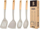 Silicone Cooking Utensils Set, Perfectly Angled for Frying, Mixing,Serving,Draining,Turning and Stirring, BPA-Free Matte Silicone, Wood Handles, Safe for Nonstick Cooking Surfaces,4 Pack (Khaki) by CozyNest Decor