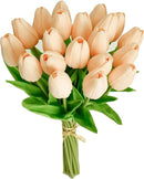 Mandy's Artificial Tulips 20 Stems Champagne PU Faux Flowers for Wedding Home Decor 13.5 Inch by CozyNest Decor
